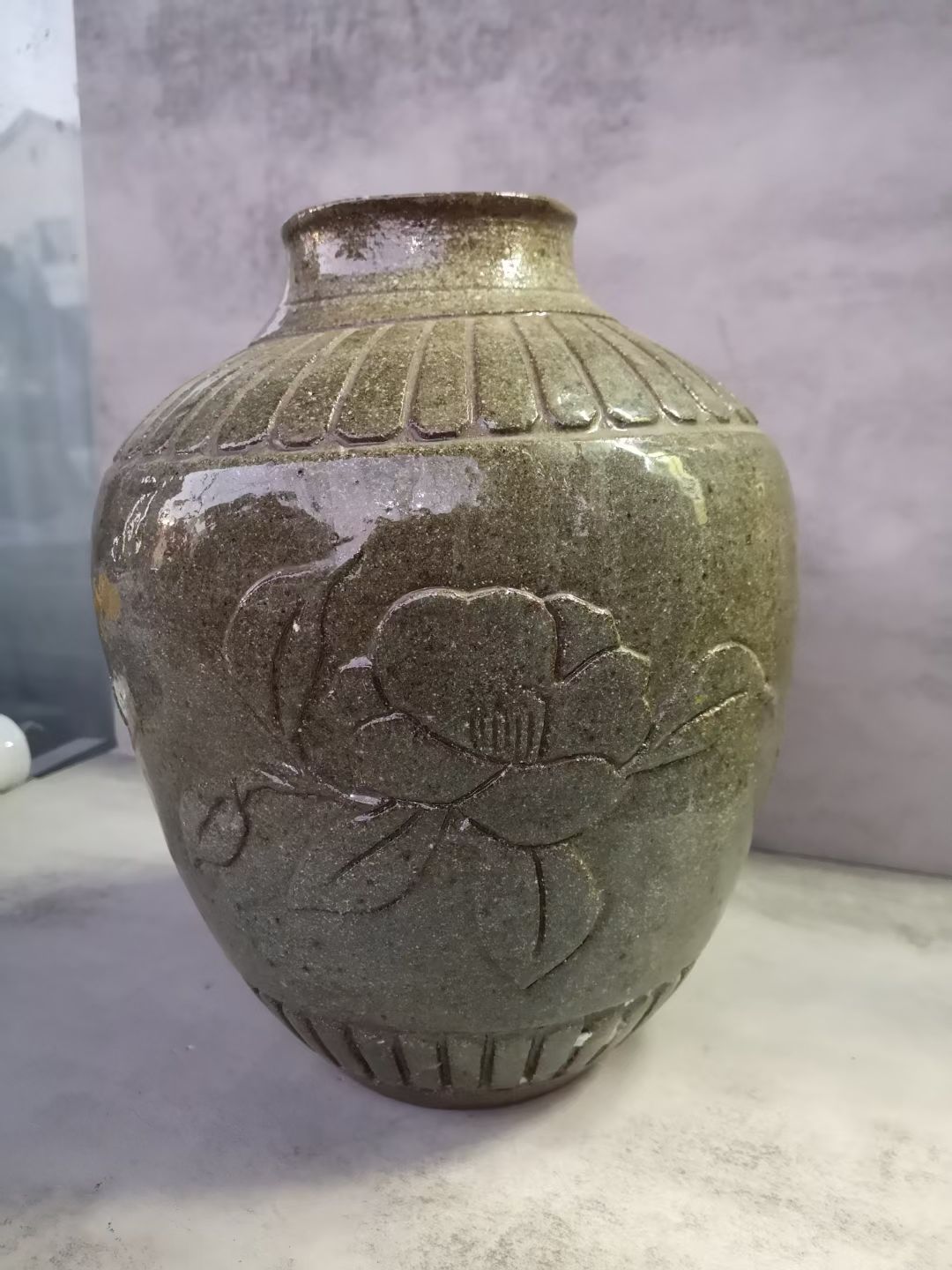 日本老青瓷浮雕花瓶 茶亦居日本古美术DL​