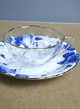日本出口欧式蓝花玻璃咖啡杯 茶亦居日本古美术S11