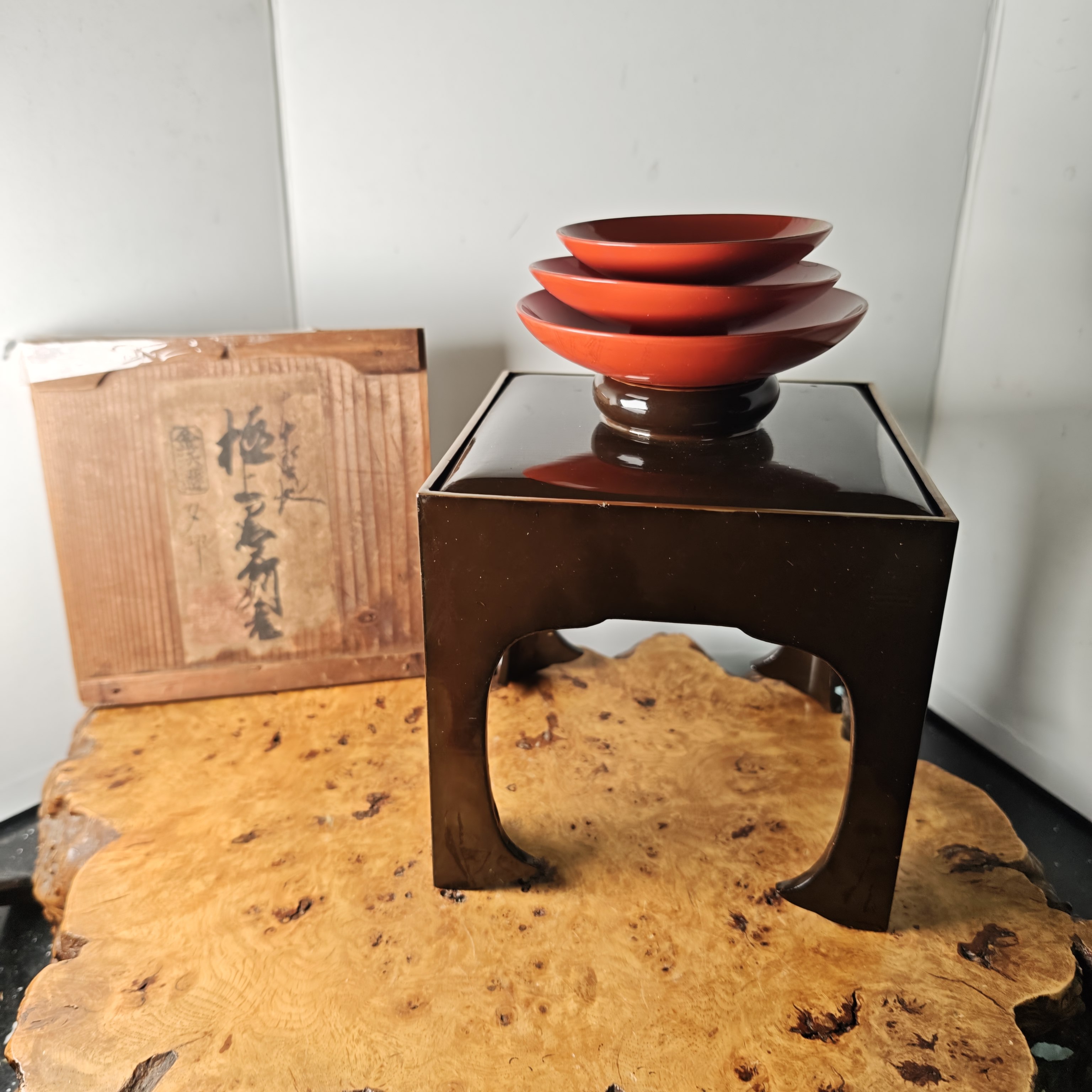 日本金莳绘漆器酒具四方盏台 木胎 老木盒装 茶亦居日本古美术CYS