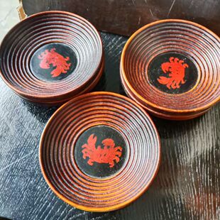 乌城雕莳绘茶托杯托 螃蟹 木胎 五个 茶亦居日本古美术 C3