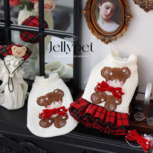JELLY果冻家新年年服红色可爱小熊毛衣宠物猫狗手工衣服定制