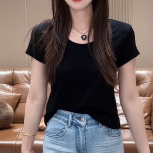 T恤女修身 春夏款 温柔韩系纯色显白短袖 装 显瘦百搭U领简约上衣 大码