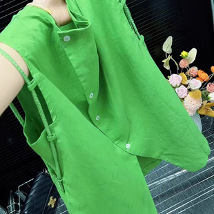 时髦小众设计轻奢绿色背心马甲胖MM小个子无袖 夏季 韩版 大码 上衣 装