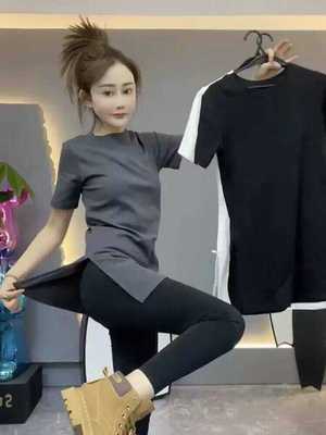韩版圆领百搭纯色中长款短袖开叉