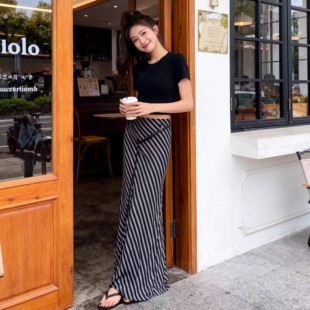 高腰裙子中长款 修身 显瘦裙潮流鱼尾裙 条纹半身裙夏季 欧货百搭时尚