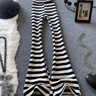 大码 黑白条纹小个子直筒裤 女装 女韩版 高腰显瘦条纹微喇裤 春秋新款
