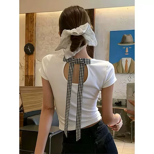 藏蓝色蝴蝶结绑带正肩短袖t恤潮