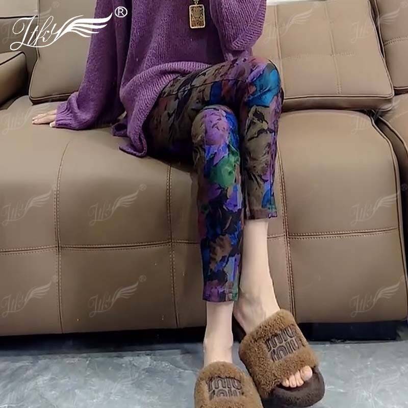 春秋款彩色鎏金印花紧身小脚裤女时尚个性修身百搭显瘦高腰九分裤