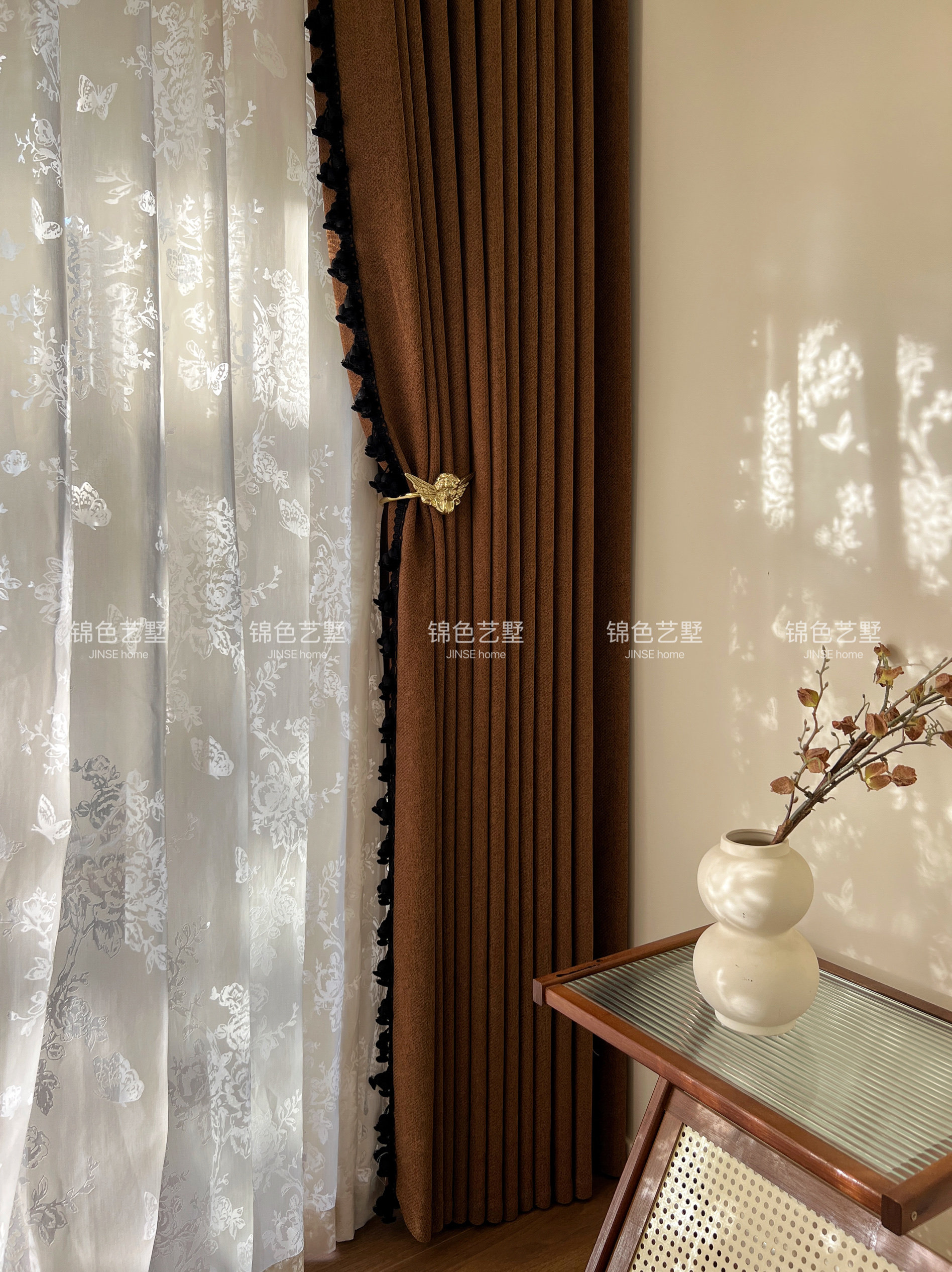 锦色艺墅中古风美拉德色窗帘糖棕色复古蝴蝶纱光影纱帘法式窗帘,居家布艺,定制窗帘,淘宝优惠券,粉丝福利购,淘宝优惠卷