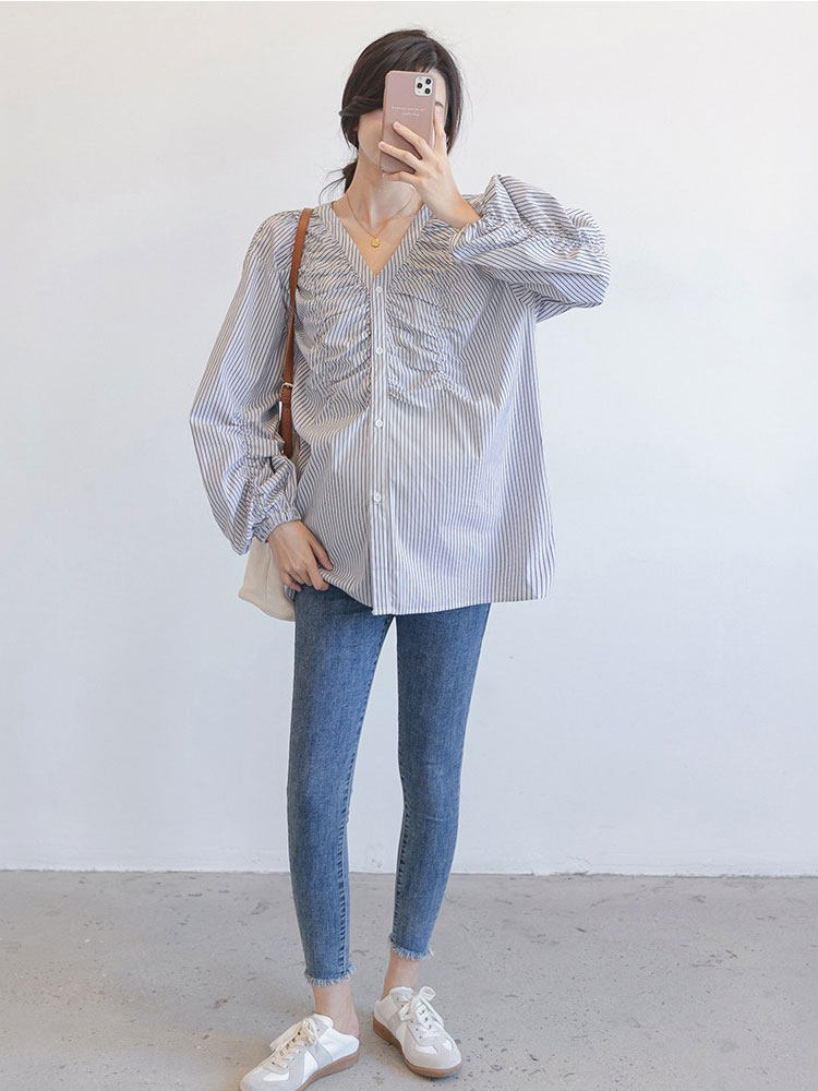 AMUM MATERNITY WEAR V-NECK STRIPED SHIRT DESIGN COTTON LOOSE AND FASHIONABLE PREGNANT MOM LONG SLEEVE TOP