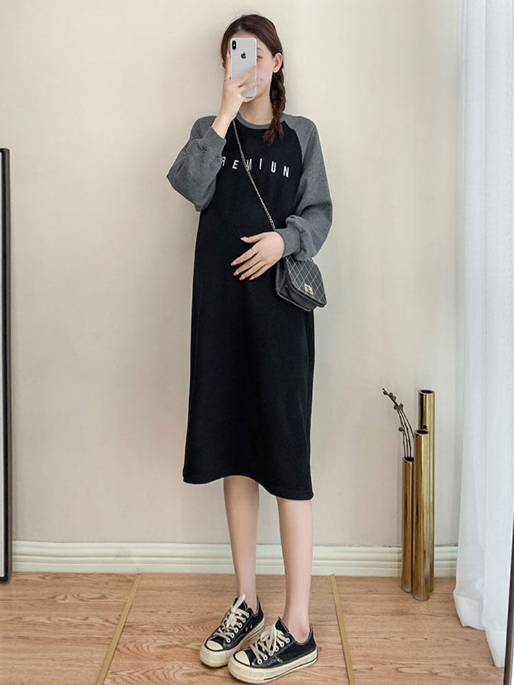 MATERNITY WEAR COLLEGE STYLE PULLOVER MID-LENGTH OVER-THE-KNEE SPRING AUTUMN WINTER LOOSE T-SHIRT SWEATSHIRT DRESS