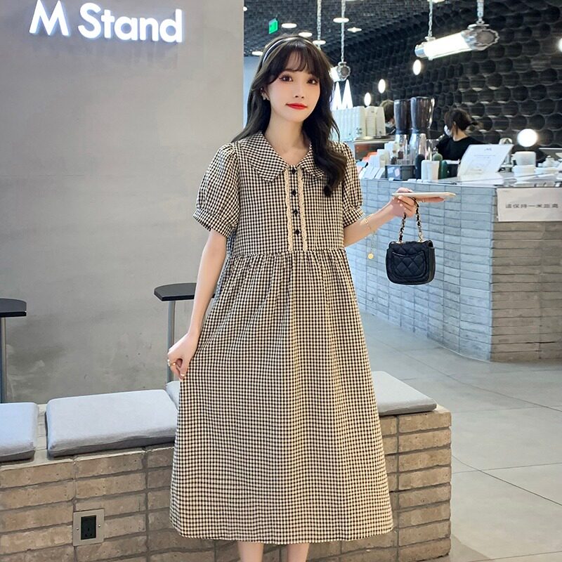 MATERNITY DRESS SUMMER STYLE LOOSE FASHION NEW SHORT SLEEVE WOMENS CASUAL PLAID LONG SKIRT DOLL COLLAR MATERNITY DRESS SUMMER STYLE