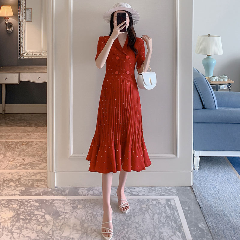 MATERNITY DRESSES SUMMER DRESSES SHORT SLEEVES FASHIONABLE 2022 NEW POLKA DOTS THIN SKIRTS OVER-THE-KNEE PLEATED CHIFFON SKIRTS TIDE