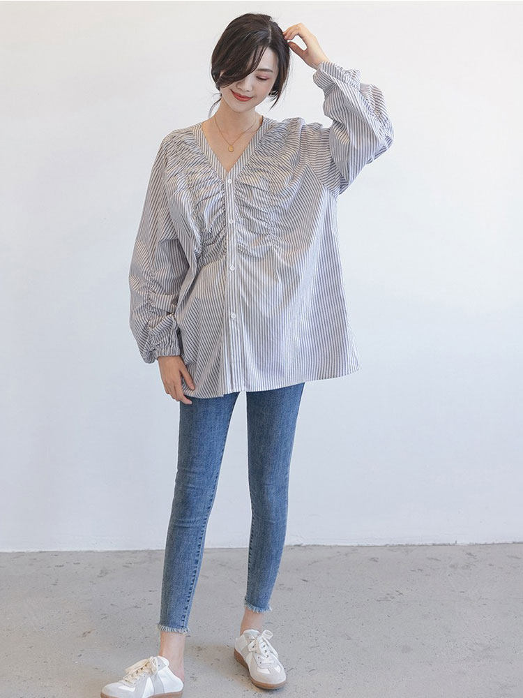 AMUM MATERNITY WEAR V-NECK STRIPED SHIRT DESIGN COTTON LOOSE AND FASHIONABLE PREGNANT MOM LONG SLEEVE TOP