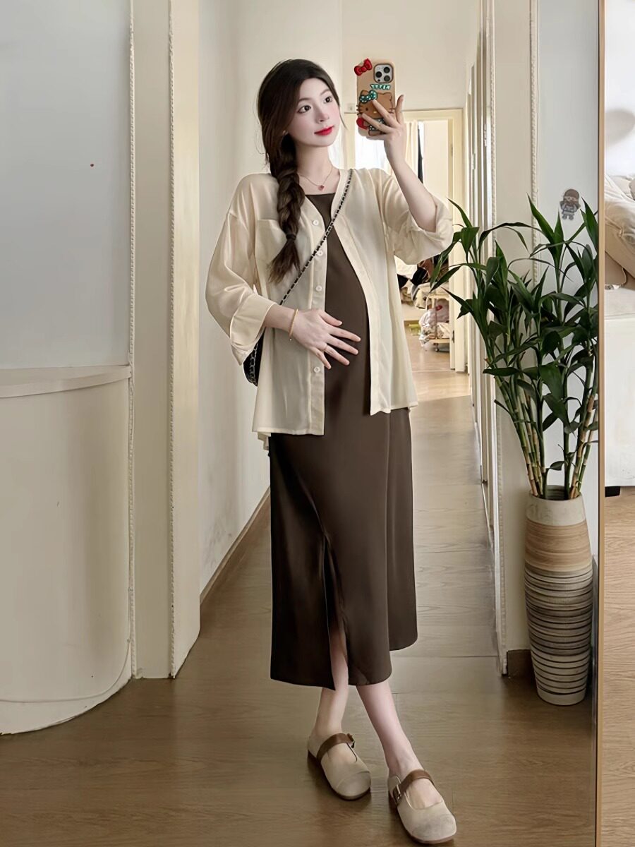 PREGNANT MOTHERS WEAR ? PREGNANT WOMEN SPRING AND SUMMER CLOTHES 2024 NEW SLIT SUSPENDER DRESS SUNSCREEN SHIRT TWO-PIECE SUIT