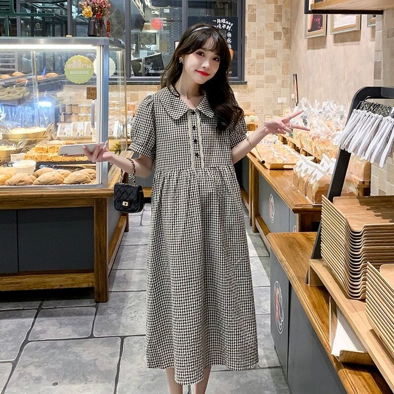 MATERNITY DRESS SUMMER STYLE LOOSE FASHION NEW SHORT SLEEVE WOMENS CASUAL PLAID LONG SKIRT DOLL COLLAR MATERNITY DRESS SUMMER STYLE