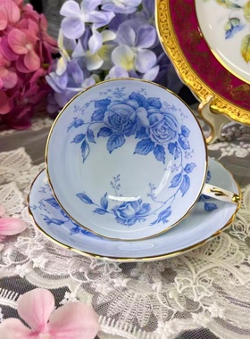 西洋古董 paragon 稀有版蓝色青花大玫瑰 阔口骨瓷咖啡杯碟 现货