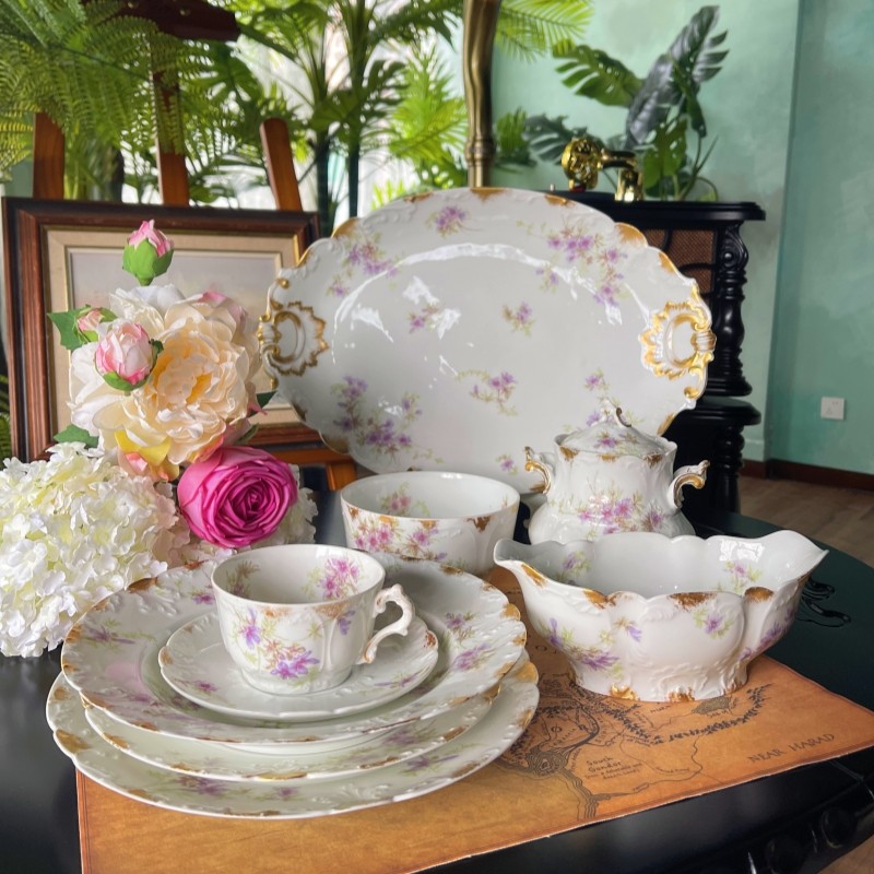 西洋古董 limoges 利摩日 22K金全手绘紫色花卉浮雕杯碟套件现货