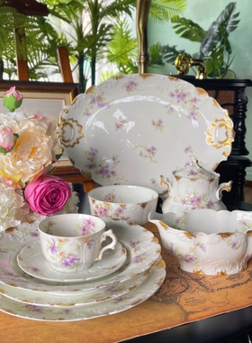 西洋古董 limoges 利摩日 22K金全手绘紫色花卉浮雕杯碟套件现货