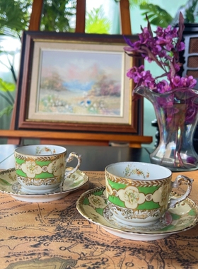 西洋古董  austria 奥地利LS&S 1920s 手绘绿色开窗花卉杯碟现货