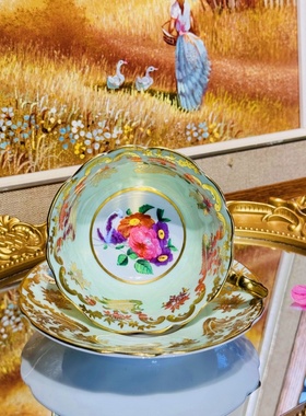 西洋古董 paragon双狮绿釉重金彩色花卉小号阔口鎏金咖啡杯碟现货