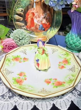 西洋古董 德瓷 绿色渐变釉 全手绘菊花花环鎏金骨瓷赏盘 现货