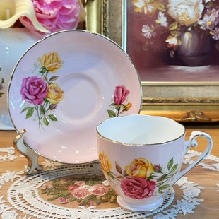 粉釉玫瑰花骨瓷咖啡杯碟现货 西洋古董小中中古english