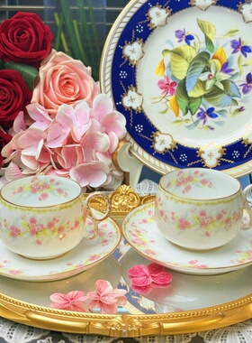 西洋古董 limoges 利摩日全手绘小玫瑰花环圆肚鎏金骨瓷杯碟 现货