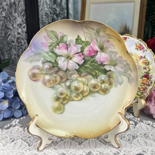 西洋古董 德瓷 bavaria hr 金边葡萄花卉水果展示赏盘23.5cm 现货