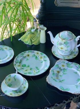 西洋古董Tuscan托斯卡纳Dogwood手绘山茱萸鎏金骨瓷咖啡杯碟 现货