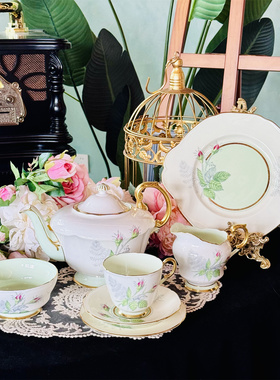 西洋古董 paragon 1960s 绿色内釉粉色玫瑰花壶糖奶 杯碟套系现货