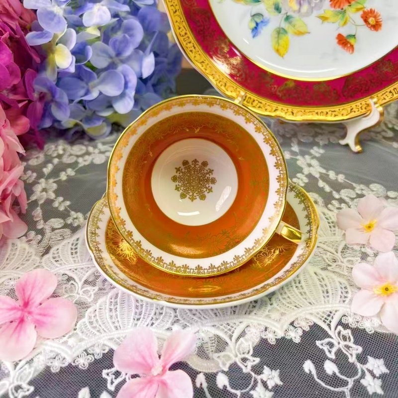 西洋古董 grafton 重金金蕾丝杯底太阳花鎏金骨瓷咖啡杯碟现货