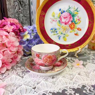 西洋古董Maxwell Williams满绘大玫瑰鎏金骨瓷咖啡杯碟 现货