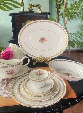 西洋古董  foley 全手绘玫瑰花束金边扭纹咖啡杯碟 套系 现货