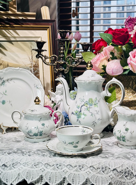 西洋古董 德瓷 winterling 全手绘绿植微浮雕壶糖奶杯碟套系 现货