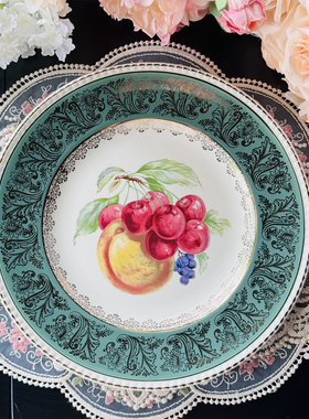 西洋古董solian ware1940s全手绘绿釉鎏金水果金边微浮雕赏盘现货