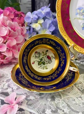 西洋古董 paragon 重金钴蓝白色透粉花卉阔口骨瓷咖啡杯碟  现货