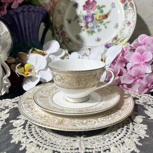 西洋古董 royal doulton 金蕾丝奢华阔口鎏金骨瓷咖啡茶杯碟 现货