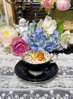 西洋古董 aynsley 黑釉杯内珐琅彩彩色花卉阔口鎏金骨瓷杯碟 现货