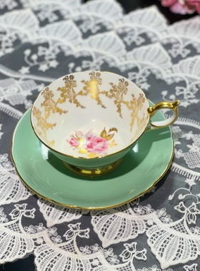 西洋古董 aynsley 绿釉杯底玫瑰花卉重金花环骨瓷咖啡杯碟 现货