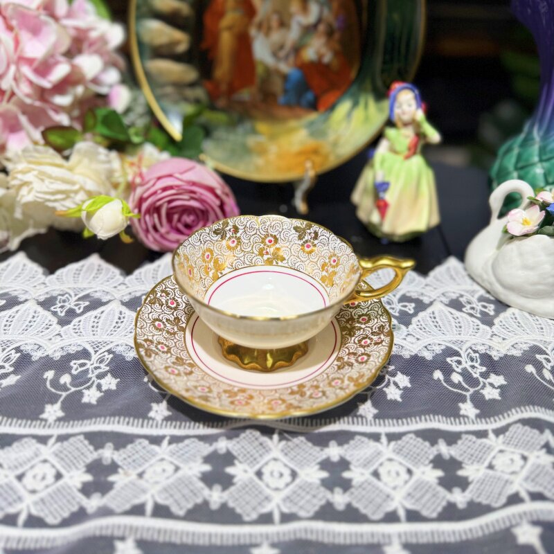 西洋古董 stafford 满杯金蕾丝花卉阔口鎏金骨瓷咖啡杯碟 现货