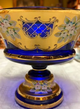 西洋古董 意大利 蓝色穆拉诺 立体手绘花朵珐琅彩鎏金水果盆 在途