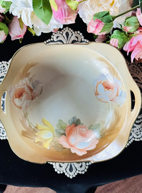 西洋古董 r＆s 普鲁士全手绘橙色渐变釉玫瑰花卉双耳托盘 现货