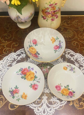 西洋古董 royal swan 手绘双色玫瑰花卉沙拉碗零食碟蛋糕盘套系