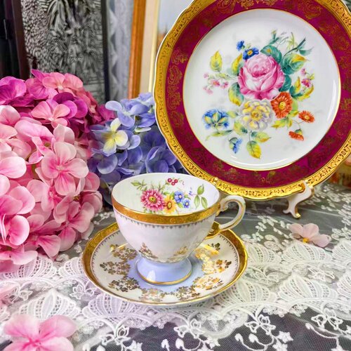西洋古董 tuscan 蓝釉金蕾丝杯内彩色花束 鎏金骨瓷咖啡杯碟 现货