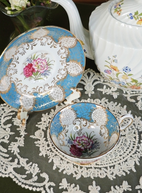 西洋古董paragon 1963紫色万花筒 阔口 鎏金骨瓷花卉杯碟 现货