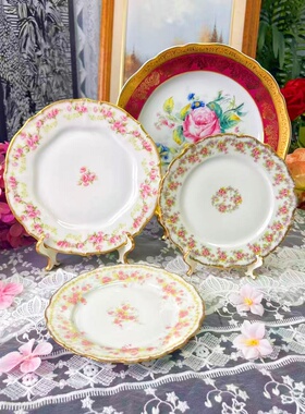西洋古董利摩日 limoges elite works 1920鎏金手绘小玫瑰盘 现货