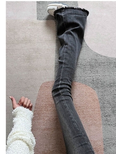 弹力显瘦毛边加长拖地长裤 辣妹灰色微喇牛仔裤 女低腰水洗复古修身