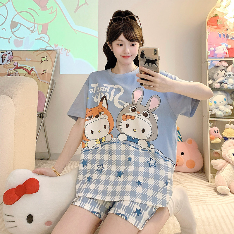 纯棉睡衣女夏季短袖短裤甜美可爱卡通少女学生kitty猫家居服套装