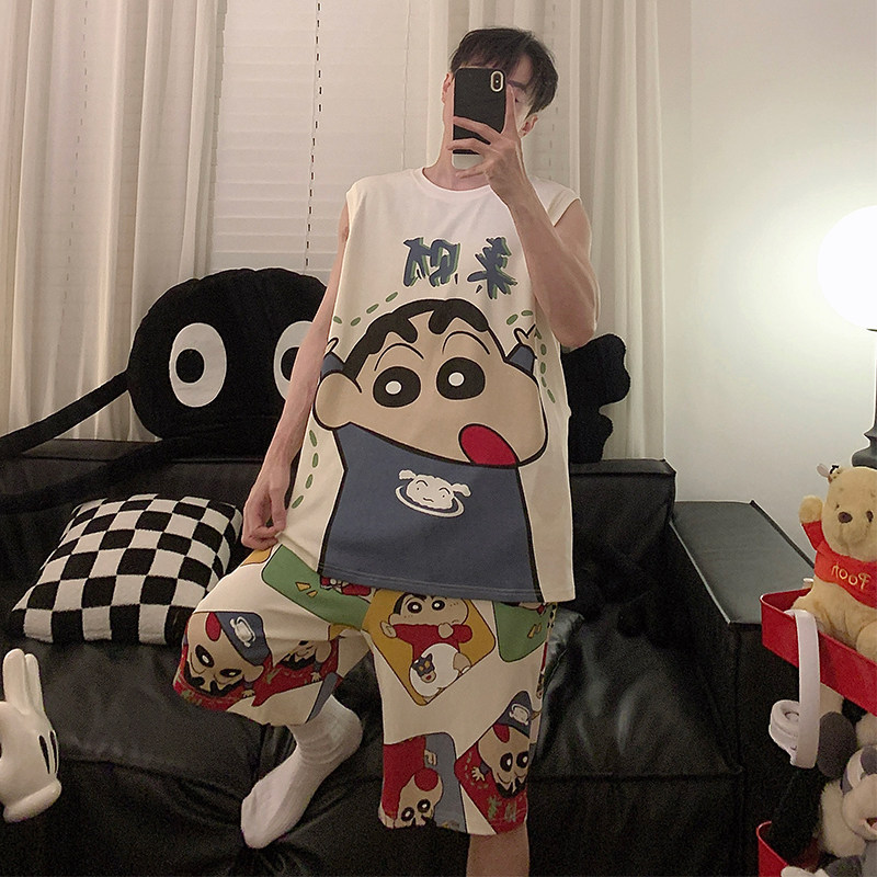 夏季纯棉无袖背心短裤男士睡衣青少年卡通蜡笔小新薄款家居服套装